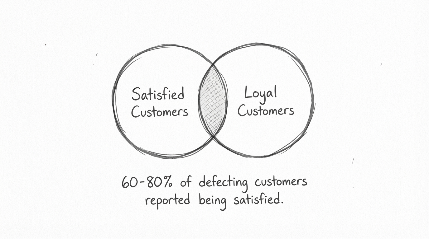 Venn diagram showing satisfied customers and loyal customers don't fully overlap