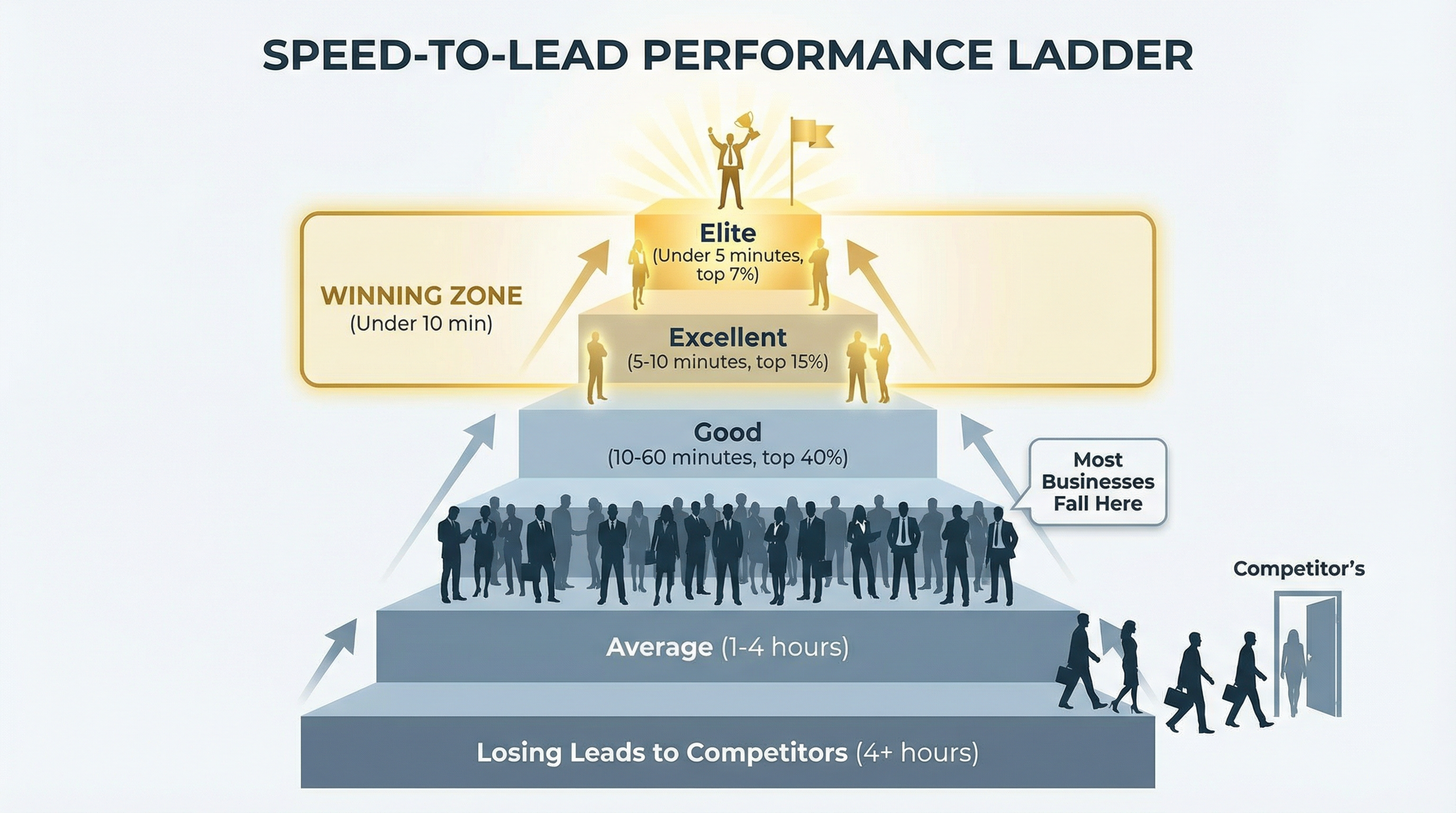 Speed-to-lead performance ladder: Under 5 minutes Elite (top 7%), 5-10 minutes Excellent (top 15%), 10-60 minutes Good (top 40%), 1-4 hours Average, 4+ hours Losing leads to competitors