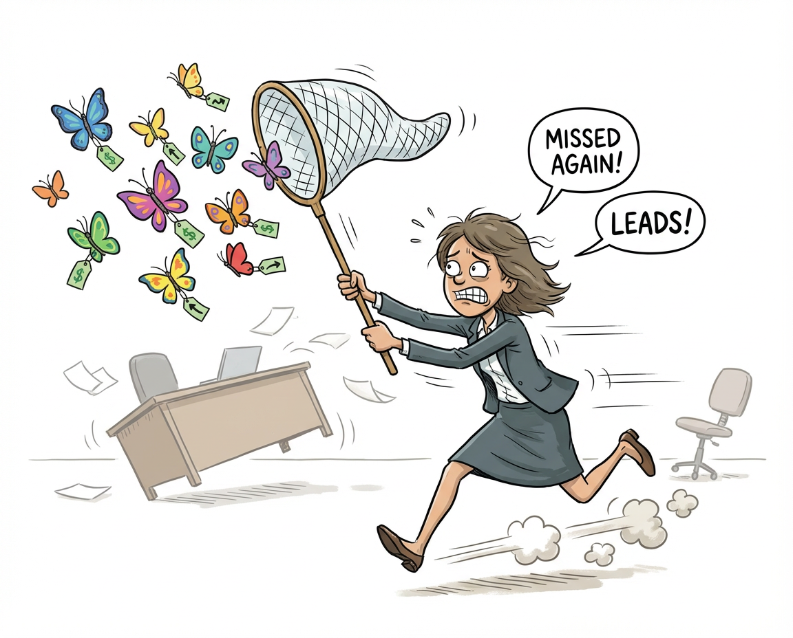 Business owner chasing leads, prospects, and new clients with a butterfly net