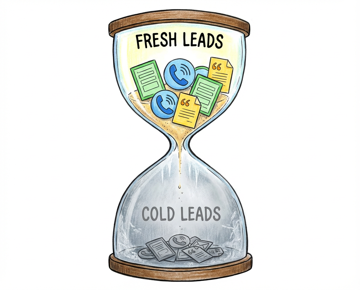 Hourglass showing fresh leads turning into cold leads over time