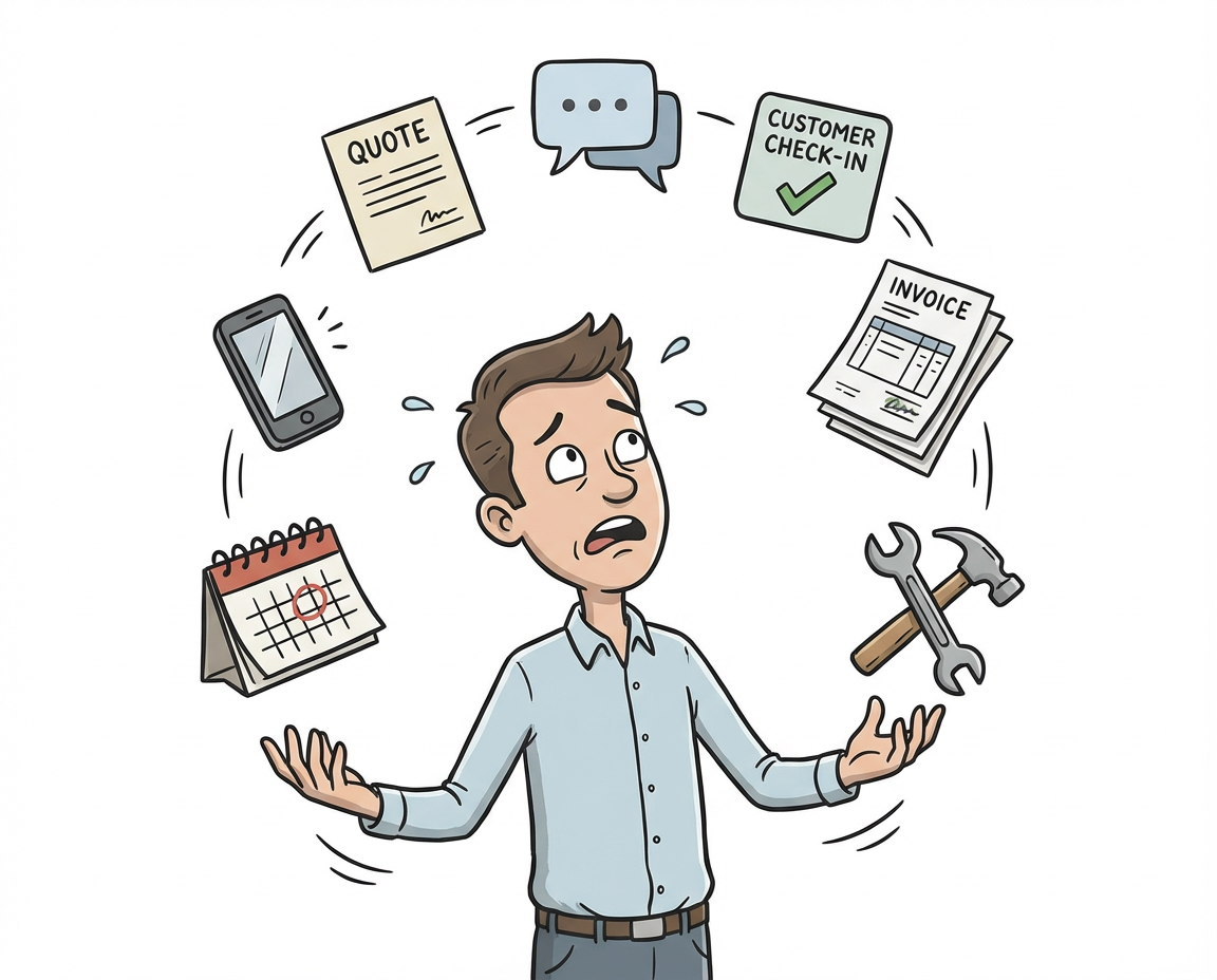 Overwhelmed business owner juggling follow-up tasks