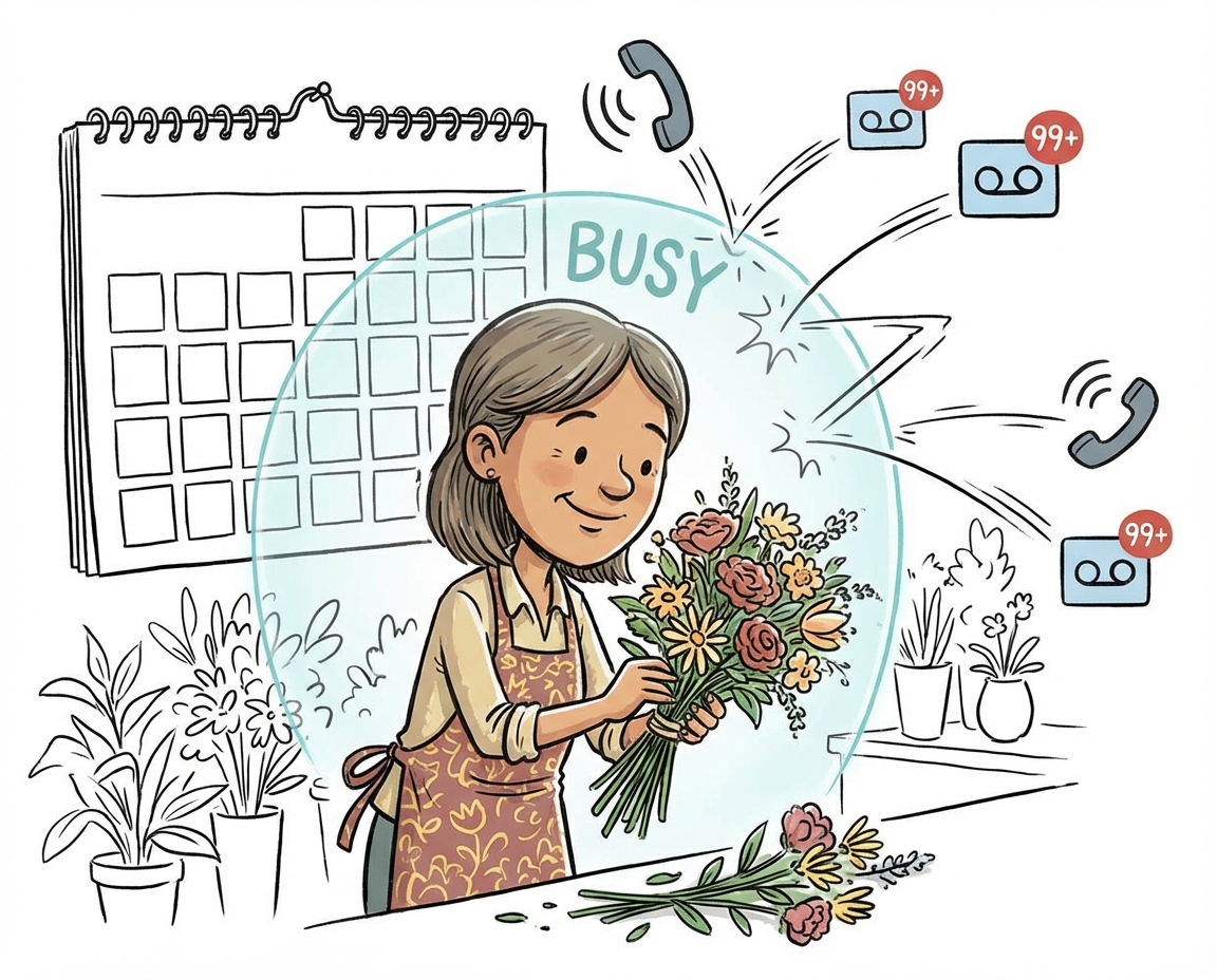 Busy business owner with missed calls and voicemails piling up