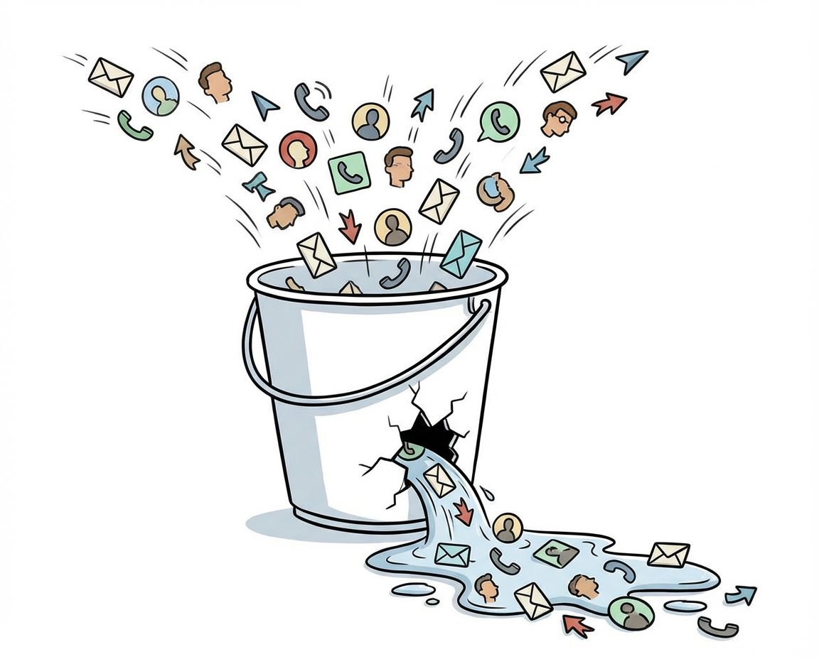 Leaky bucket with leads and contacts spilling out